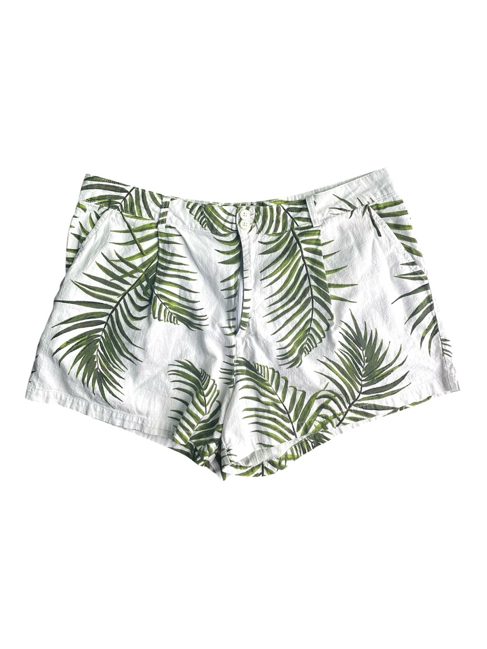 Tropical White Green Palm Leaf Summer Shorts XL 100% Cotton Coastal Vacation
